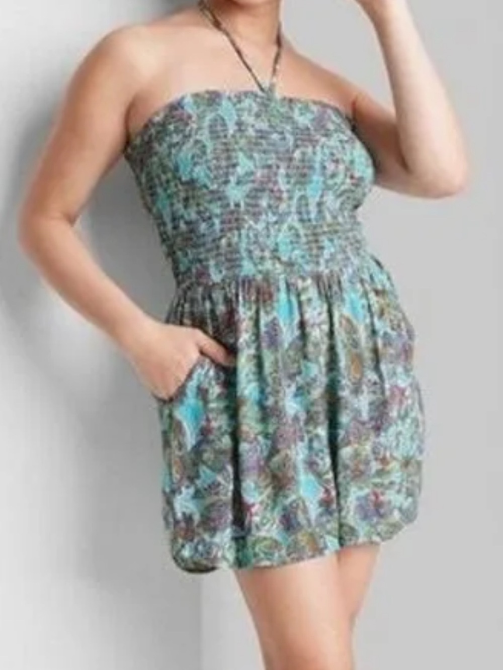 Wild Fable Romper Teal Multicolor Smocked (Also in Solid Black)